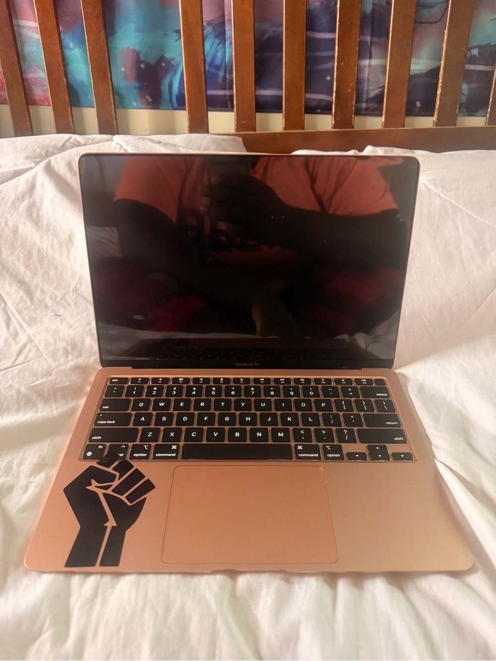 Apple MacBook Air in Rose Gold with Black Fist Decal Broken /For Parts
